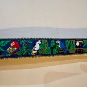 Men's Brown Leather-Trim Navy Parrot Embroidered Canvas Belt